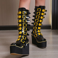 Happy Faces High Long Tube PU Leather Boots