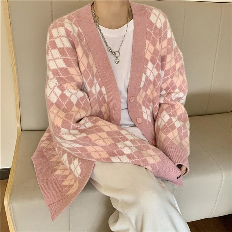 Pastel Checkered Pattern Long Sleeve Buton Up Knitted Cardigan