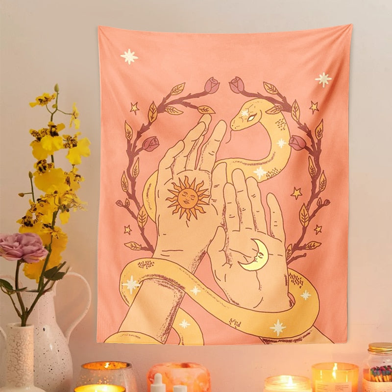 Sun Moon Floral Hand Snake Pink Tapestry