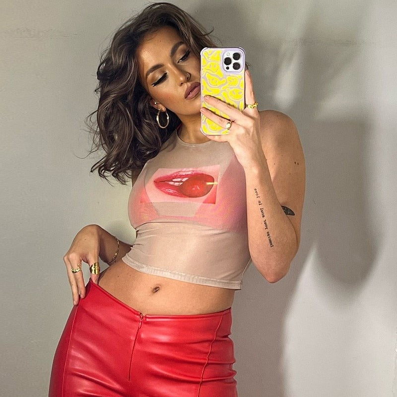 Lip Cherry See-Through Tank Crop Top