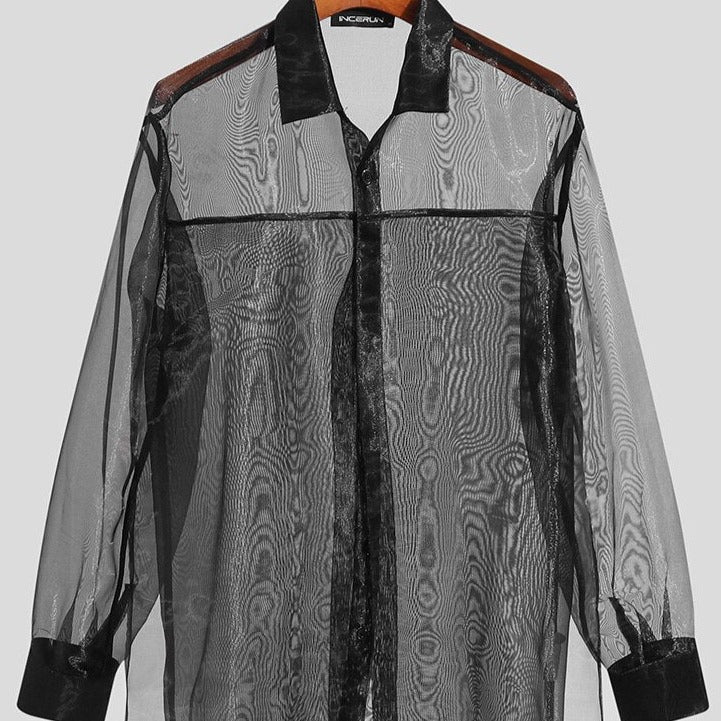 Mesh Transparent Lapel Long Sleeve Shirt