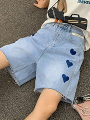 Embroidered Heart Knee Length Denim Pants