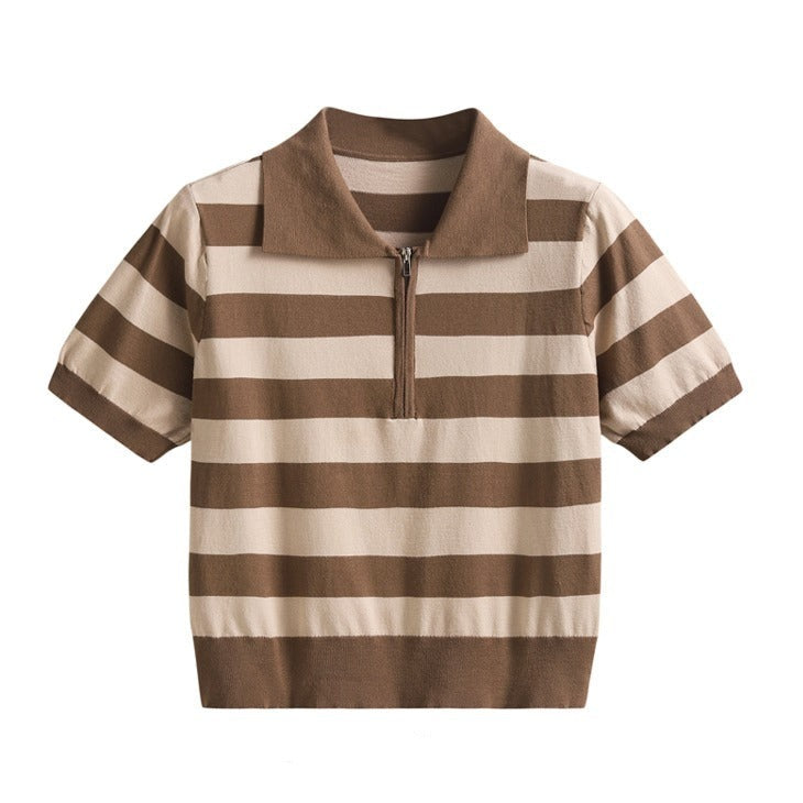 Zipper Striped Polo T-Shirt