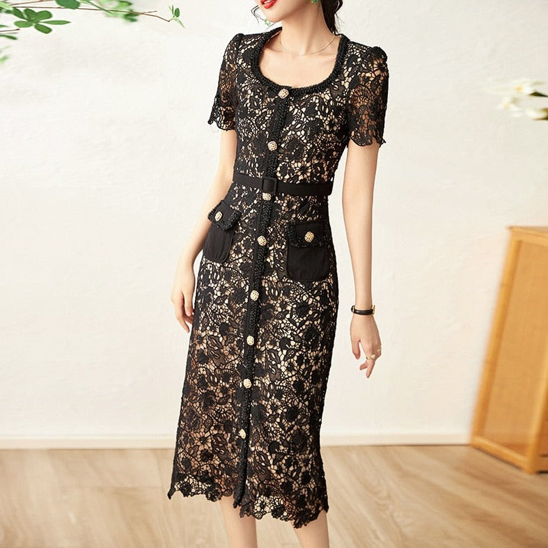 Vintage Lace Slim Mid Dress Square Collar Buckles