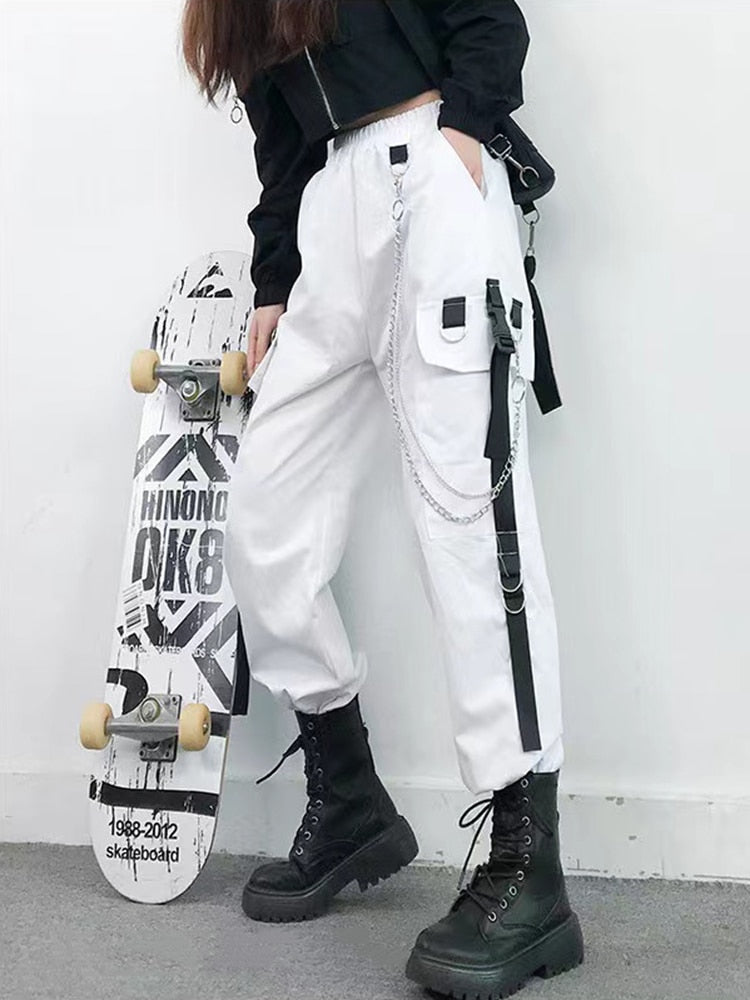 High Waist Streetwear Cargo Pants With Chain