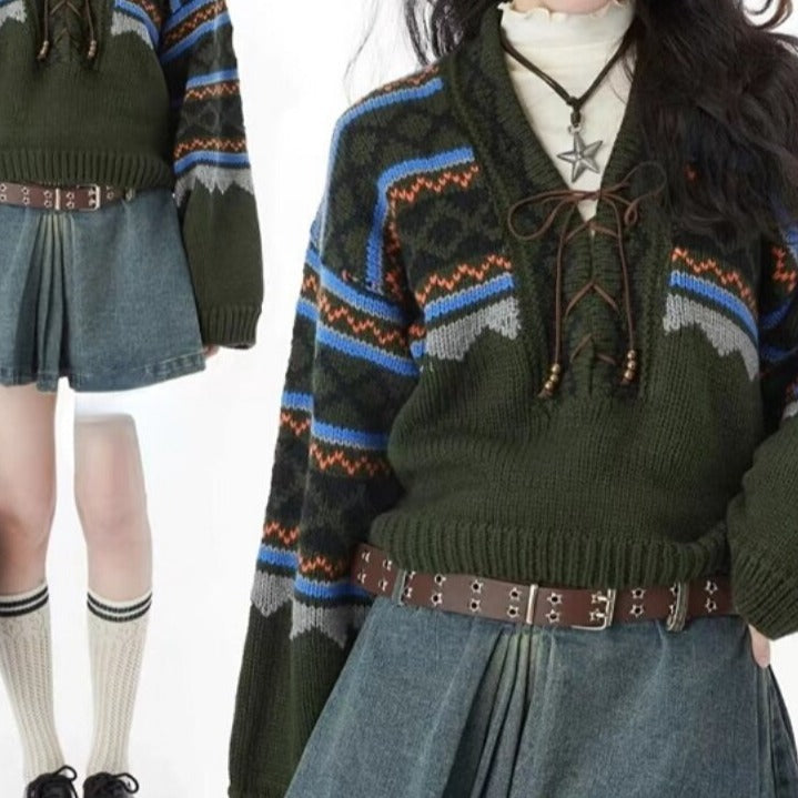 Lace-up Vintage Loose Sweater