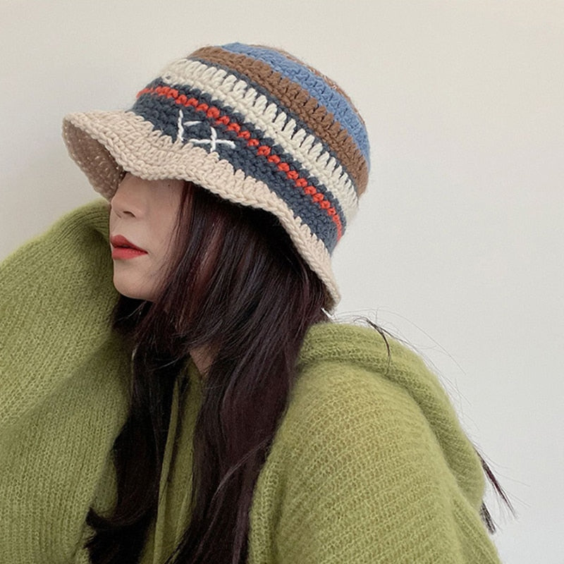 Handmade Crochet Striped Knitted Fisherman Bucket Hat