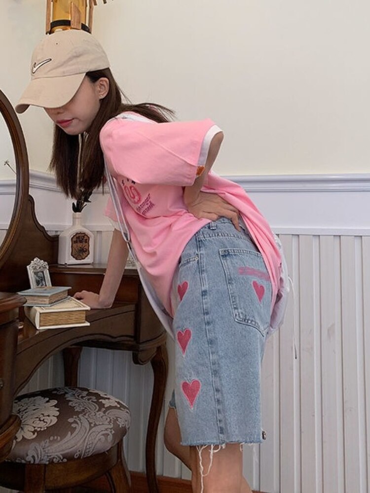 Embroidered Heart Knee Length Denim Pants