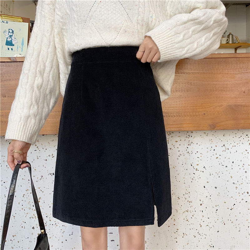 Solid Color Corduroy High Waist Skirt