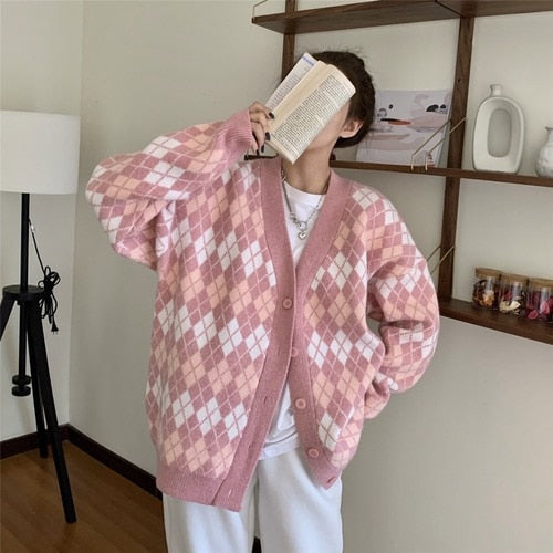 Pastel Checkered Pattern Long Sleeve Buton Up Knitted Cardigan