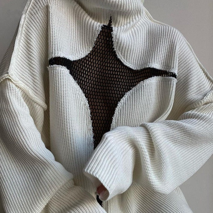 Star Pattern Mesh See Through Turtleneck Knit Sweater