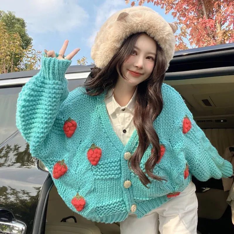 Y2K Aesthetic Long Sleeve Strawberry Oversized Cardigan