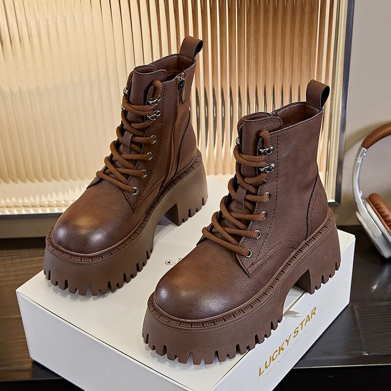 High Thick Sole Lace Up Ankle Round Toe Boots