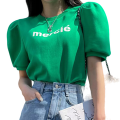 Round Neck Letter Printing Puff Sleeve T-Shirt