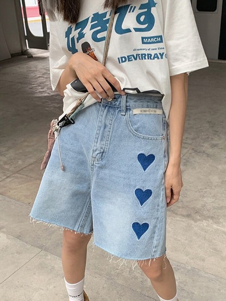 Embroidered Heart Knee Length Denim Pants