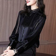 Puff Sleeve Lace Spliced Stand Collar Shirt