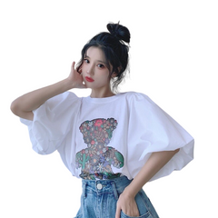 Cartoon Bear Print O-Neck Puff T-Shirt