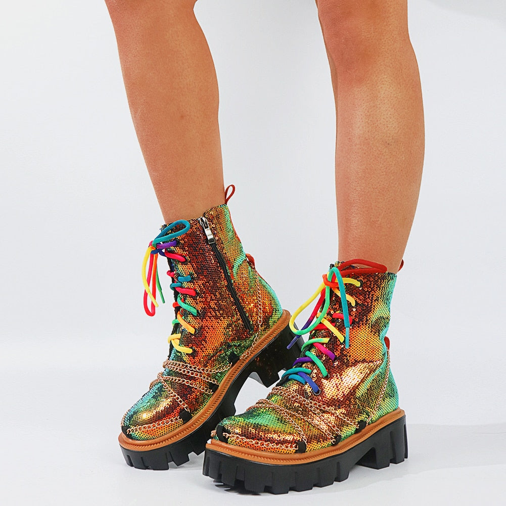 Colorful Laces Adorned With Chains Boots