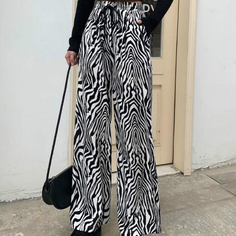 Lace-up Zebra Pattern Striped Flare Leg Pants