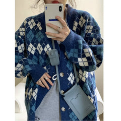 Pastel Checkered Pattern Long Sleeve Buton Up Knitted Cardigan