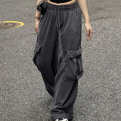 Wide Leg Cargo Pockets Pants High Waist Trouser