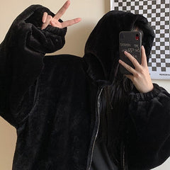 Black Velvet Hooded Oversize Jacket