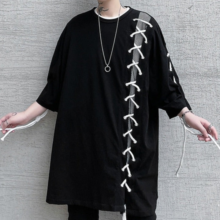 Oversize Drawstring Splice Short Sleeve T-shirt