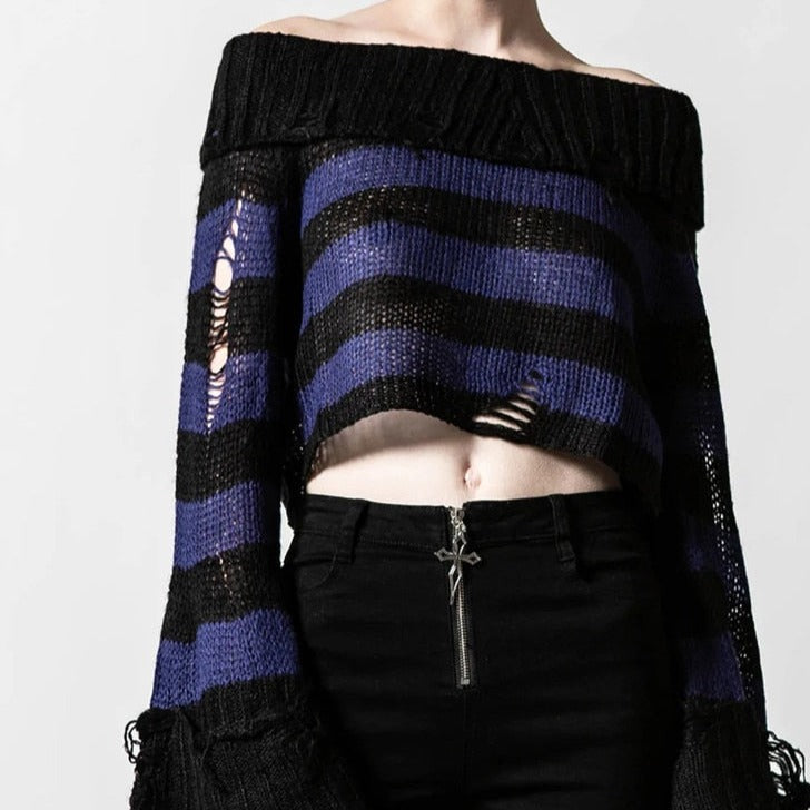 Gothic One Shoulder Stripe Short Sweater