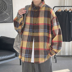 Hybskr 2022 Spring Korean Men Shirts Plaid Long Sleeve Casual Loose Vintage Blouses Harajuku New Male Cardigan Tops Clothing