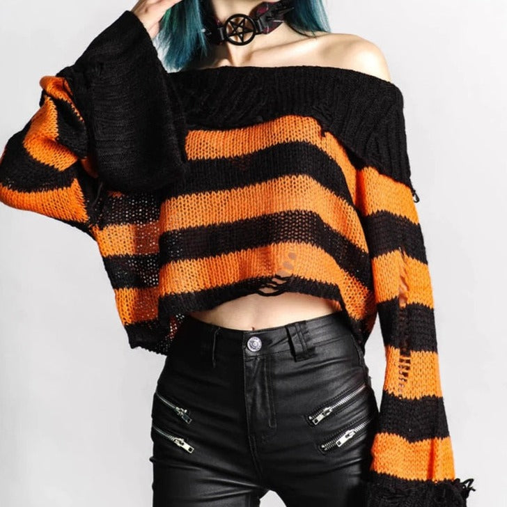 Gothic One Shoulder Stripe Short Sweater