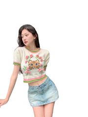 Y2K Cat Embroidery Knitted Crop Top