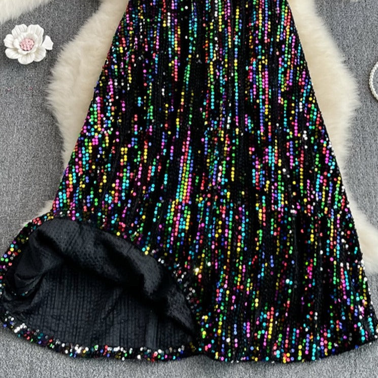 Sequined Elastic High Waist Long Skirt