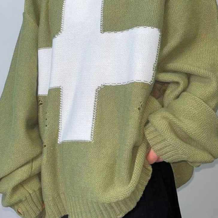 Green Cross Long Sleeve Oversize Knitted Sweater