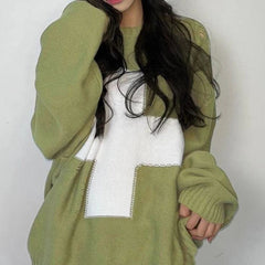 Green Cross Long Sleeve Oversize Knitted Sweater