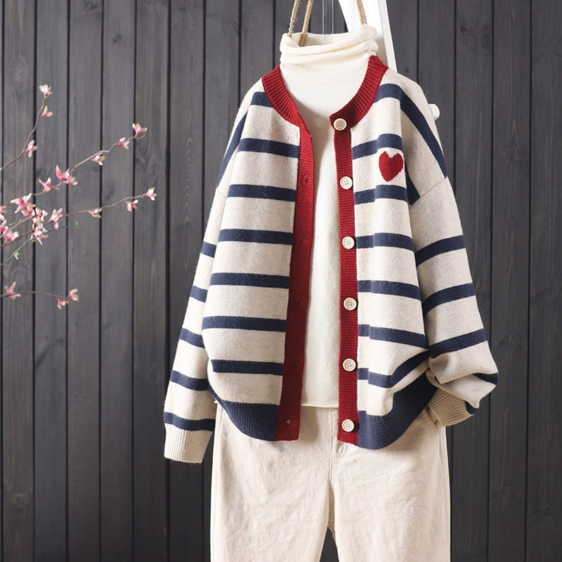 Heart and Stripes Round Neck Knitted Cardigan