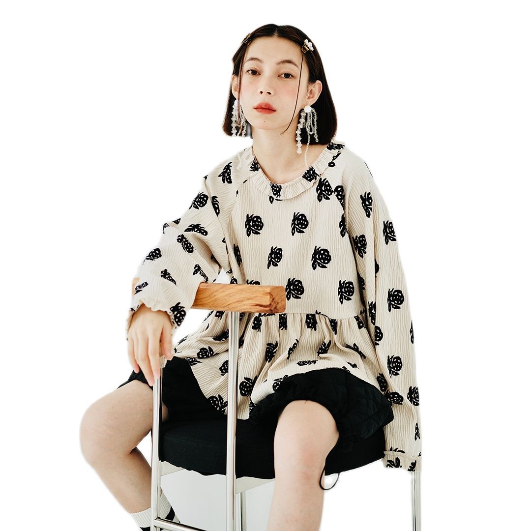 Oversize Round Neck Rose Print coat