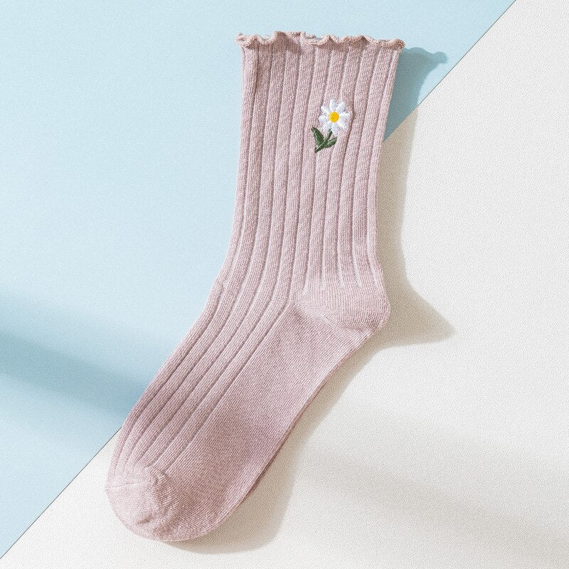 Solid Color Little Flower Socks