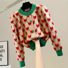 Heart Argyle O-Neck Knitted Cardigan