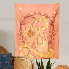 Sun Moon Floral Hand Snake Pink Tapestry