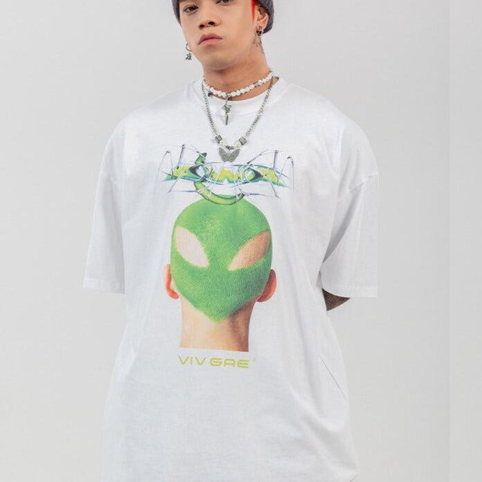 Green Hairstyle Print Hip Hop Relaxed Fit T-Shirt