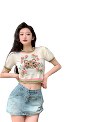 Y2K Cat Embroidery Knitted Crop Top