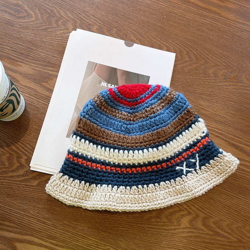 Handmade Crochet Striped Knitted Fisherman Bucket Hat