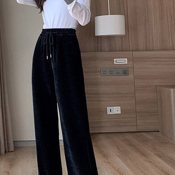 Solid Color Corduroy And Velvet Warm High Waist Pants