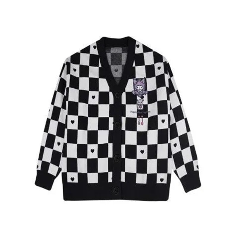 Checkered  With Kawaii Embroidery Cardigan