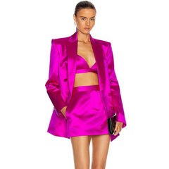 Three Pieces Set Mini Skirt Long Sleeve Blazer Satin Bralette Top