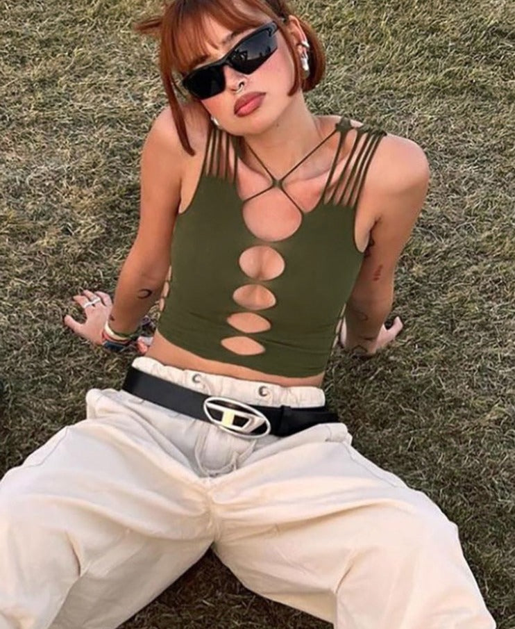 Green Hollow-Out Crop-Top