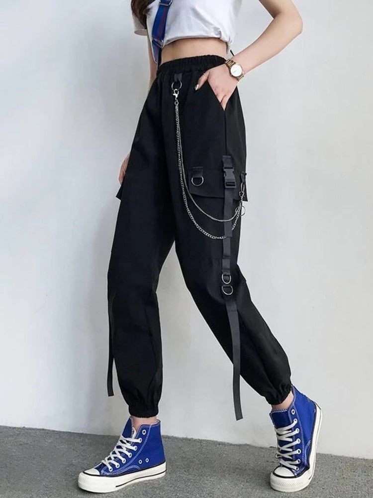 High Waist Streetwear Cargo Pants With Chain