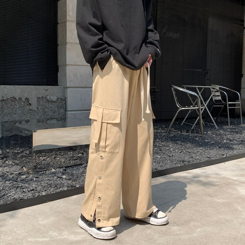 Wide Leg Hip Hop Cargo Pants Button Decoration