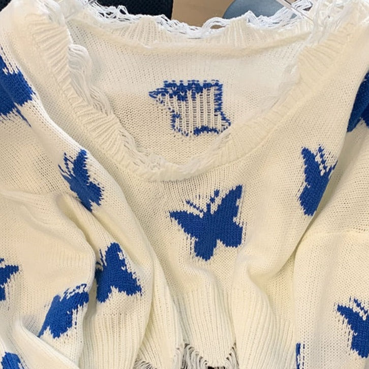 Blue Butterfly Knitted Crop Top Sweater