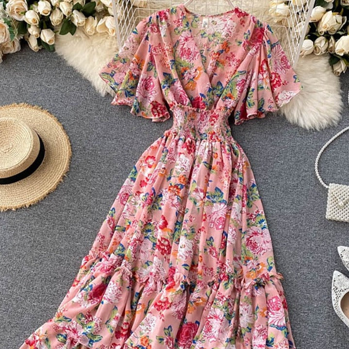 Bohemian Floral Printed V-Neck High Waist Dress